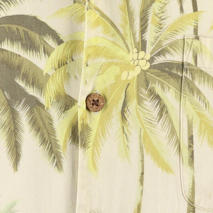 Tommy Bahama all-over palm tree herringbone open-collar silk Hawaiian Aloha shirt, boxy fit, men's size M. silk Khaki type beige Vintage Second Hand