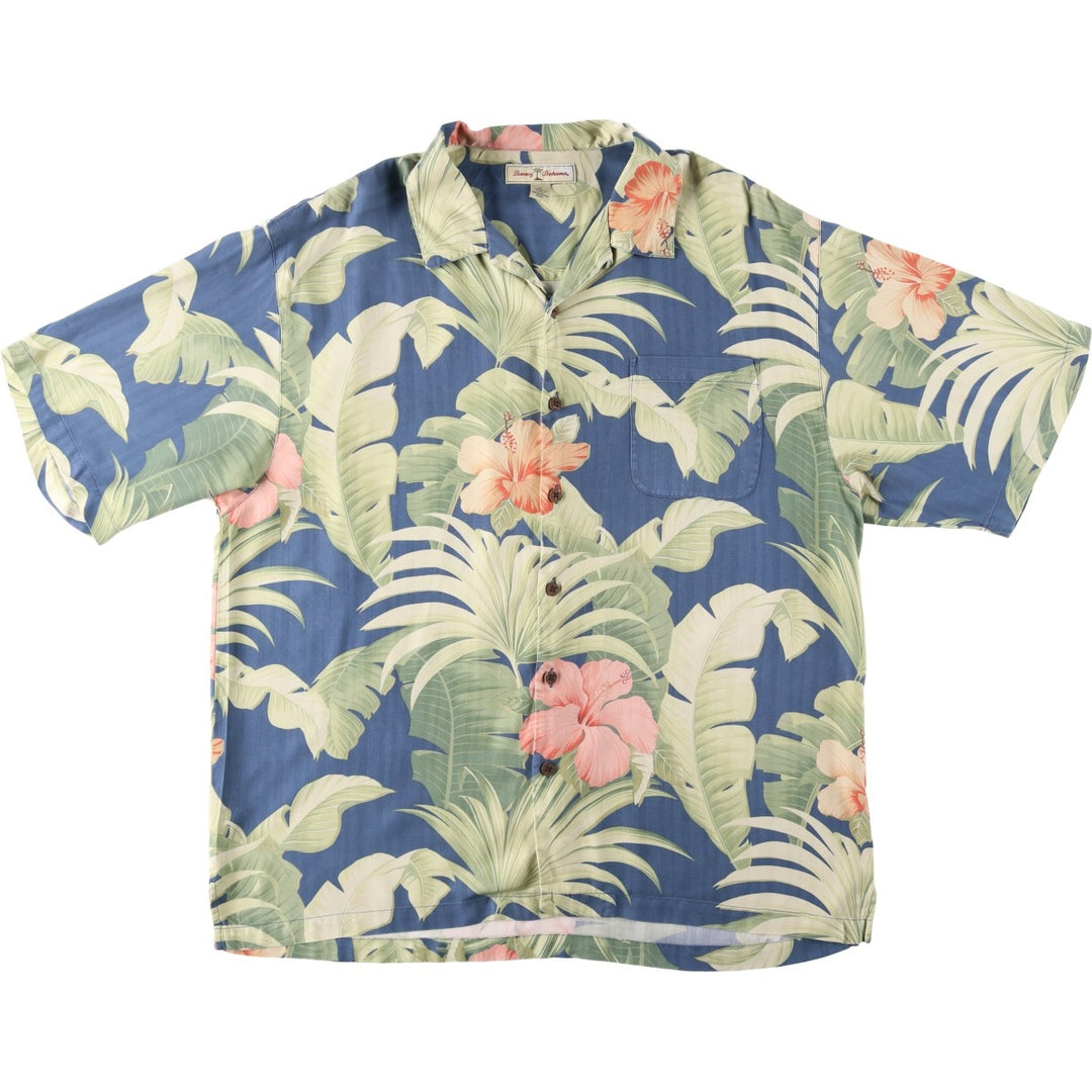 Tommy Bahama Hibiscus Pattern Leaf Pattern Herringbone Open Collar Silk Aloha Shirt Box Shirt Men's XL Equivalent silk Navy blue Vintage Second Hand