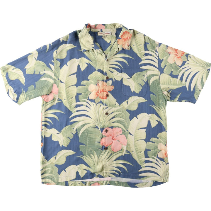 Tommy Bahama Hibiscus Pattern Leaf Pattern Herringbone Open Collar Silk Aloha Shirt Box Shirt Men's XL Equivalent silk Navy blue Vintage Second Hand