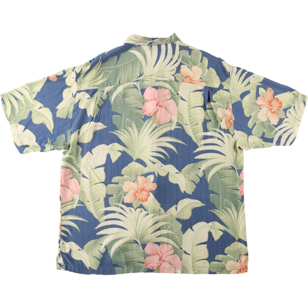 Tommy Bahama Hibiscus Pattern Leaf Pattern Herringbone Open Collar Silk Aloha Shirt Box Shirt Men's XL Equivalent silk Navy blue Vintage Second Hand
