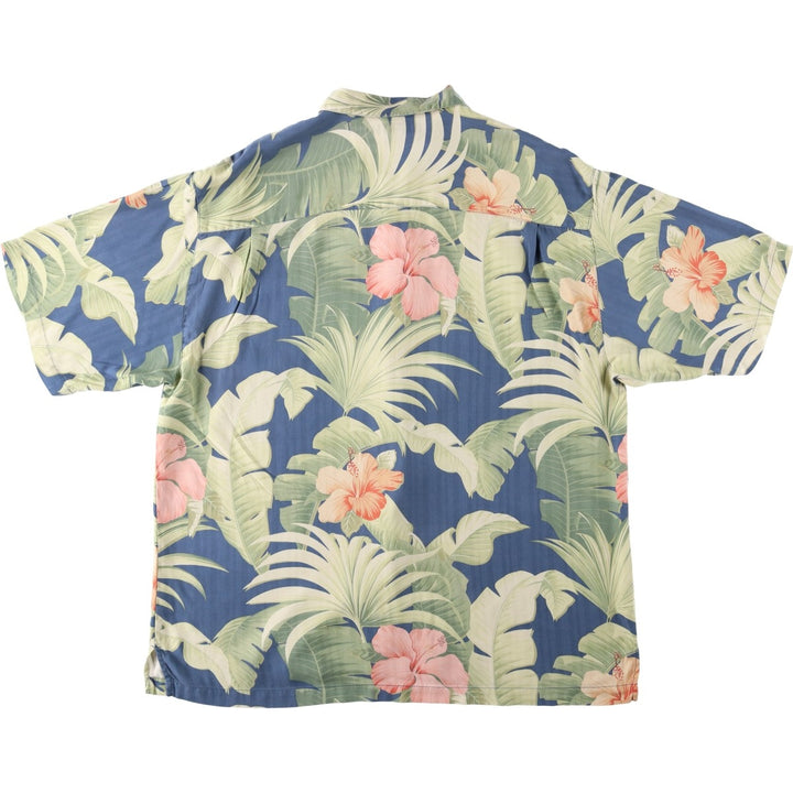 Tommy Bahama Hibiscus Pattern Leaf Pattern Herringbone Open Collar Silk Aloha Shirt Box Shirt Men's XL Equivalent silk Navy blue Vintage Second Hand