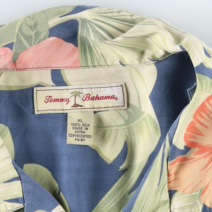 Tommy Bahama Hibiscus Pattern Leaf Pattern Herringbone Open Collar Silk Aloha Shirt Box Shirt Men's XL Equivalent silk Navy blue Vintage Second Hand