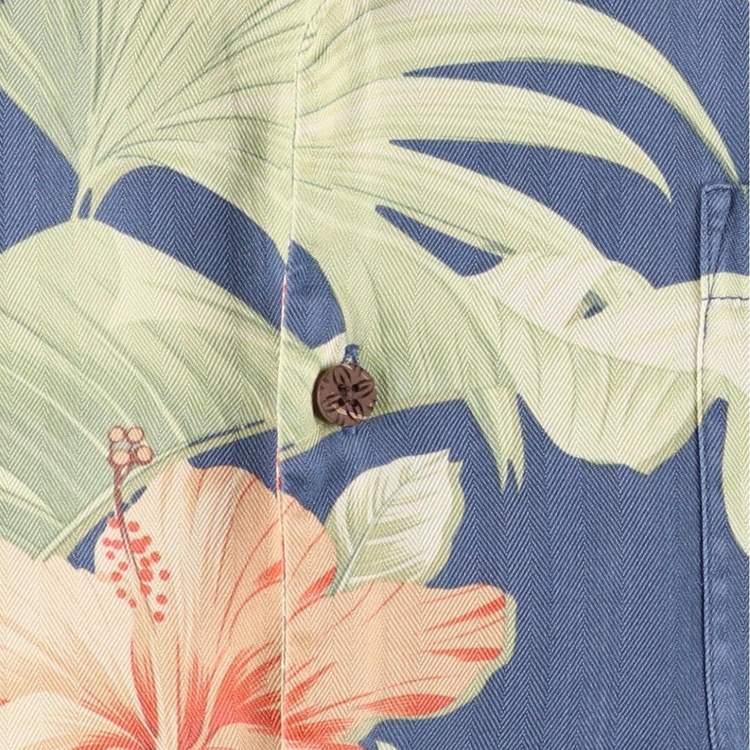 Tommy Bahama Hibiscus Pattern Leaf Pattern Herringbone Open Collar Silk Aloha Shirt Box Shirt Men's XL Equivalent silk Navy blue Vintage Second Hand