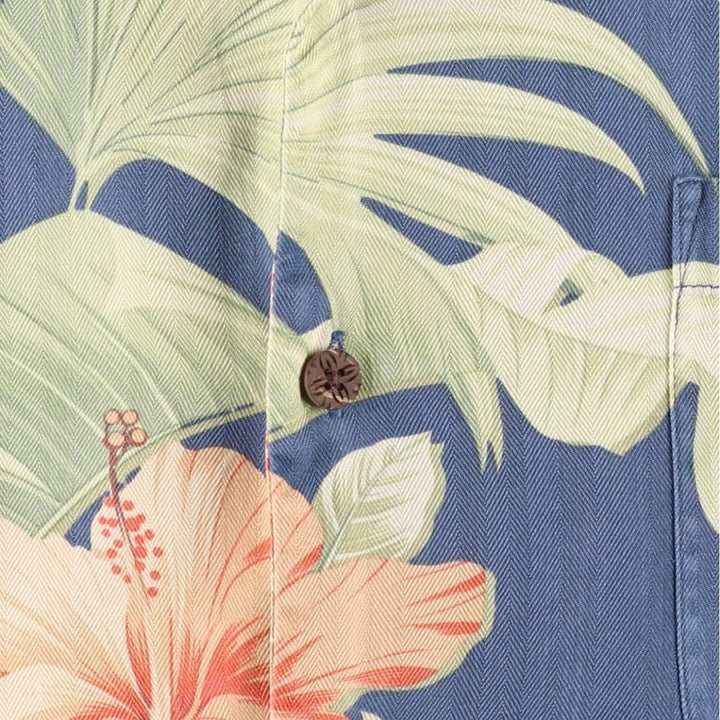 Tommy Bahama Hibiscus Pattern Leaf Pattern Herringbone Open Collar Silk Aloha Shirt Box Shirt Men's XL Equivalent silk Navy blue Vintage Second Hand