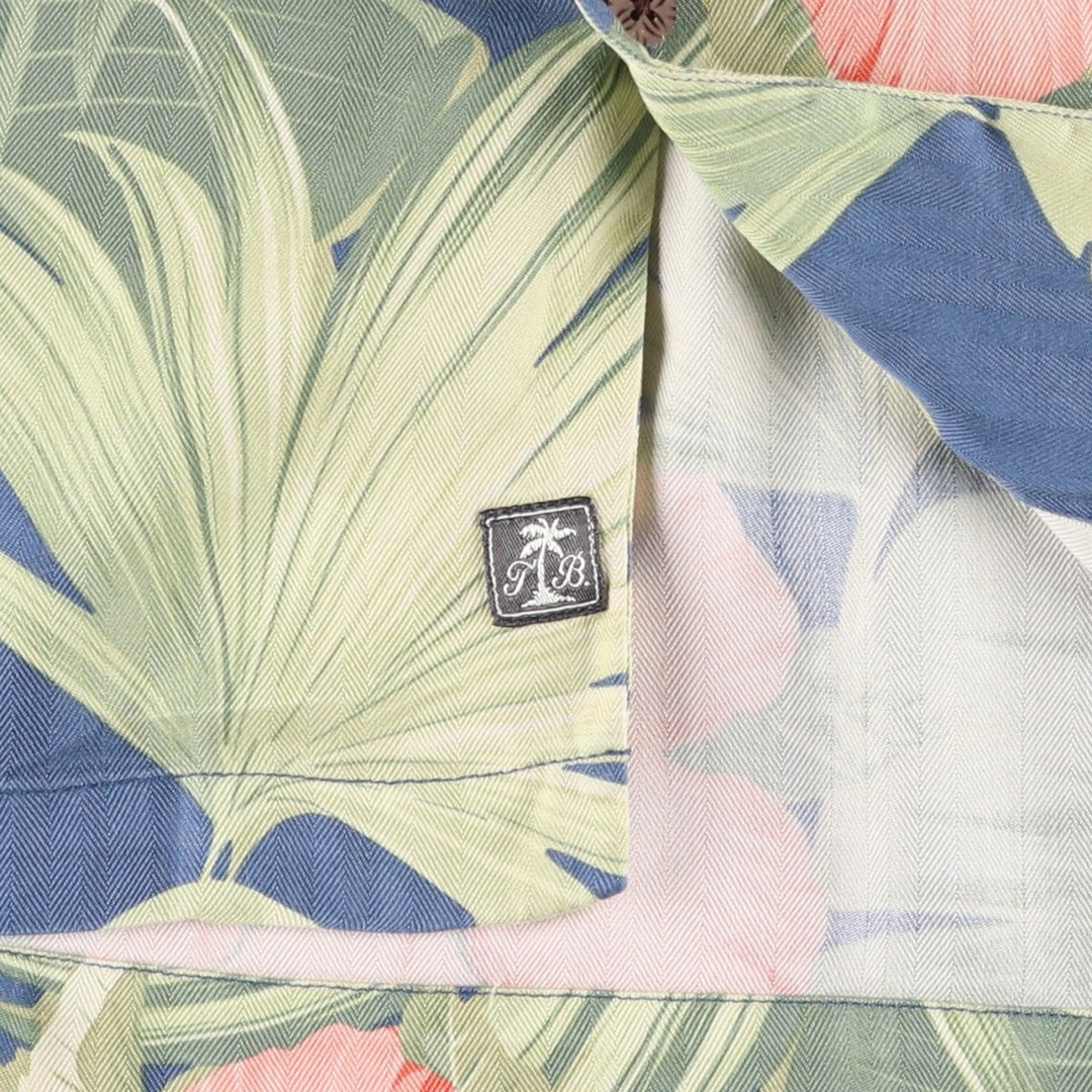 Tommy Bahama Hibiscus Pattern Leaf Pattern Herringbone Open Collar Silk Aloha Shirt Box Shirt Men's XL Equivalent silk Navy blue Vintage Second Hand