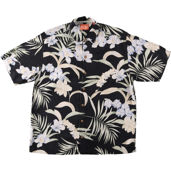 Tommy Bahama all-over floral print open collar herringbone silk Hawaiian Aloha shirt, boxy style, men's size L. silk black type Vintage Second Hand