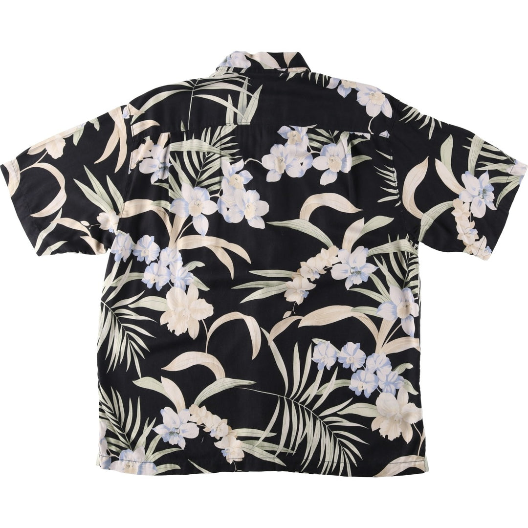 Tommy Bahama all-over floral print open collar herringbone silk Hawaiian Aloha shirt, boxy style, men's size L. silk black type Vintage Second Hand