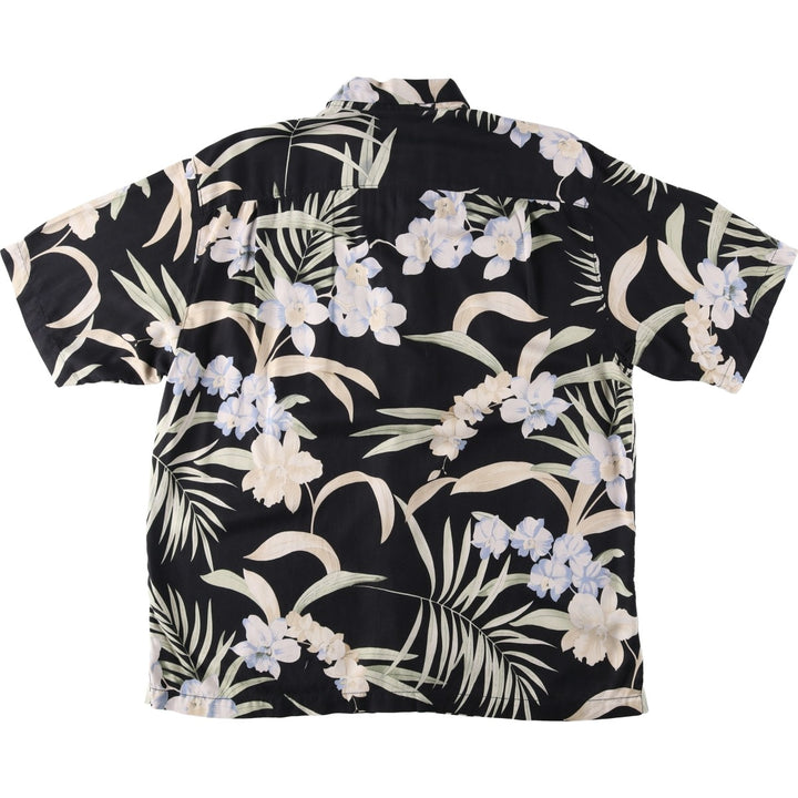 Tommy Bahama all-over floral print open collar herringbone silk Hawaiian Aloha shirt, boxy style, men's size L. silk black type Vintage Second Hand