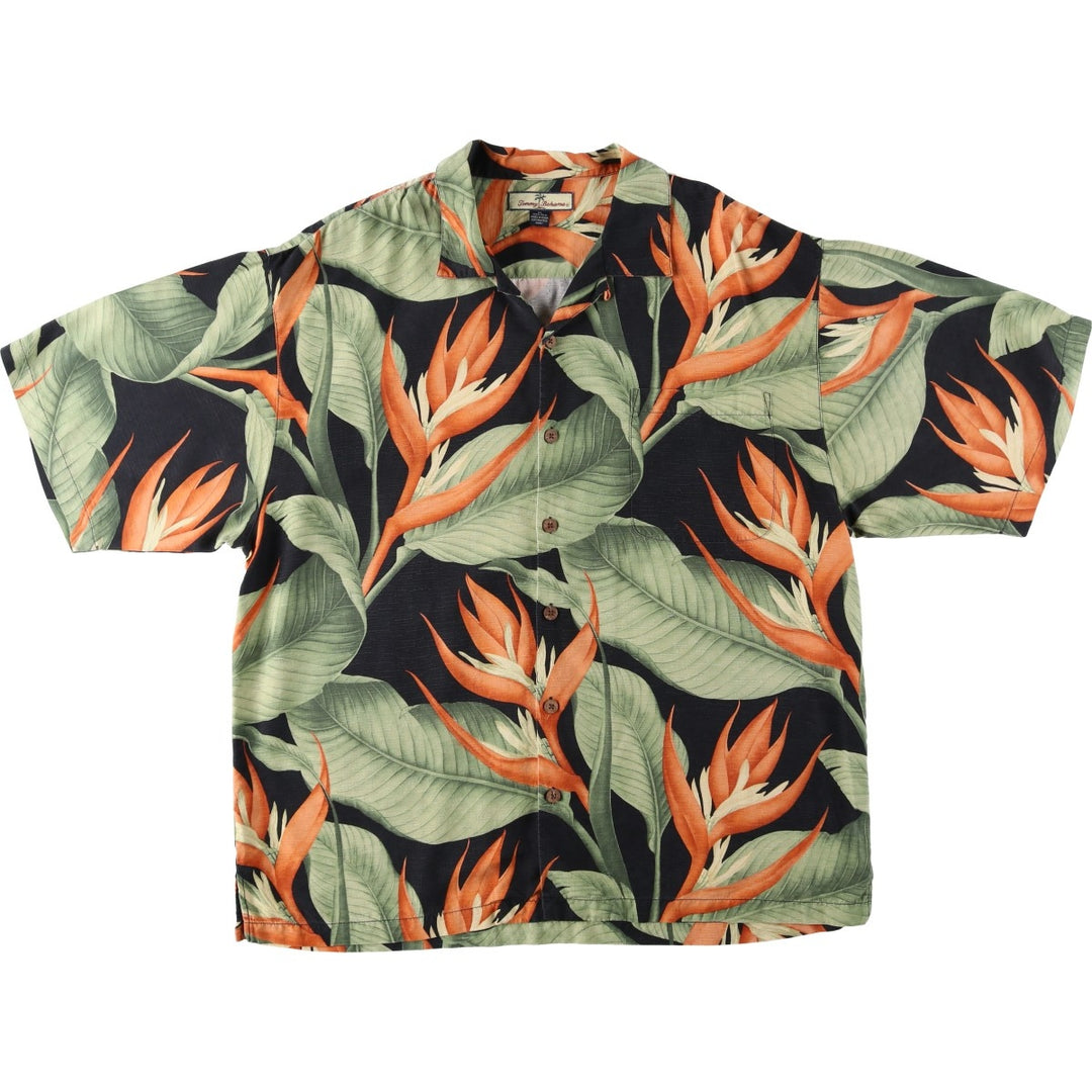 Tommy Bahama all-over floral print open-collar silk Hawaiian Aloha shirt, boxy style, men's size XL. silk black type Vintage Second Hand