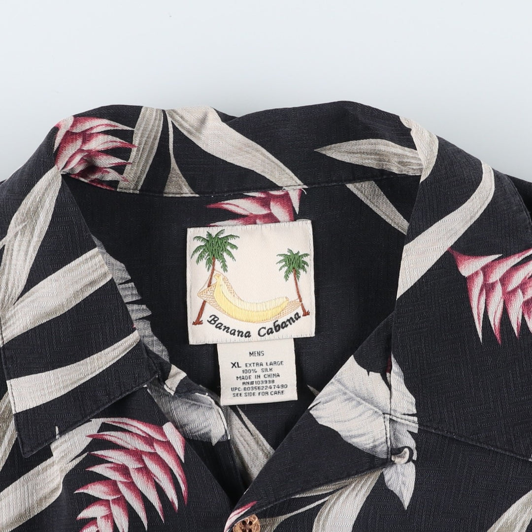 Banana Cabana All-over Floral Print Open Collar Silk Hawaiian Aloha Shirt Box Shirt Men's XL Equivalent silk black type Vintage Second Hand