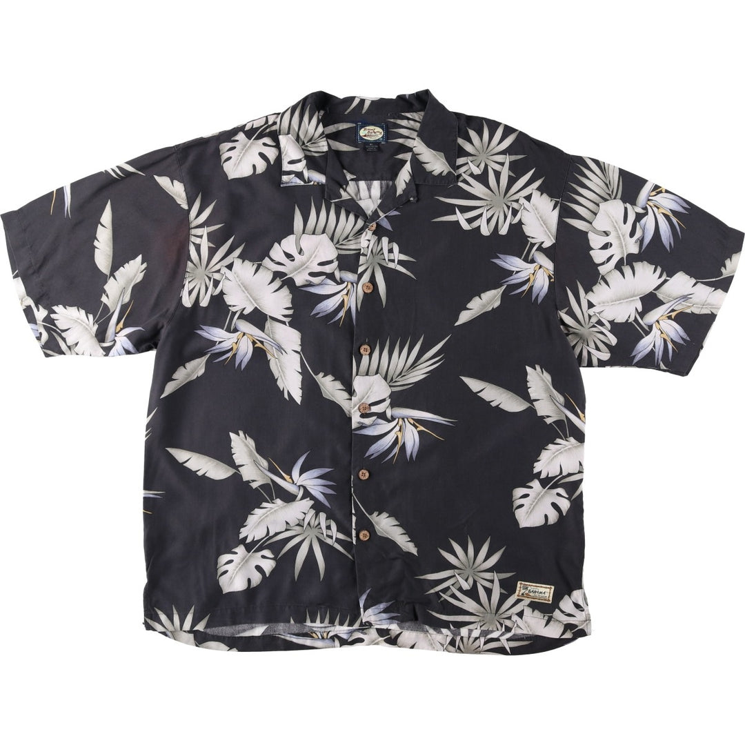 90'S Tommy Bahama all-over floral print open-collar rayon Hawaiian Aloha shirt, boxy fit, men's size XL. Rayon black type Vintage Second Hand