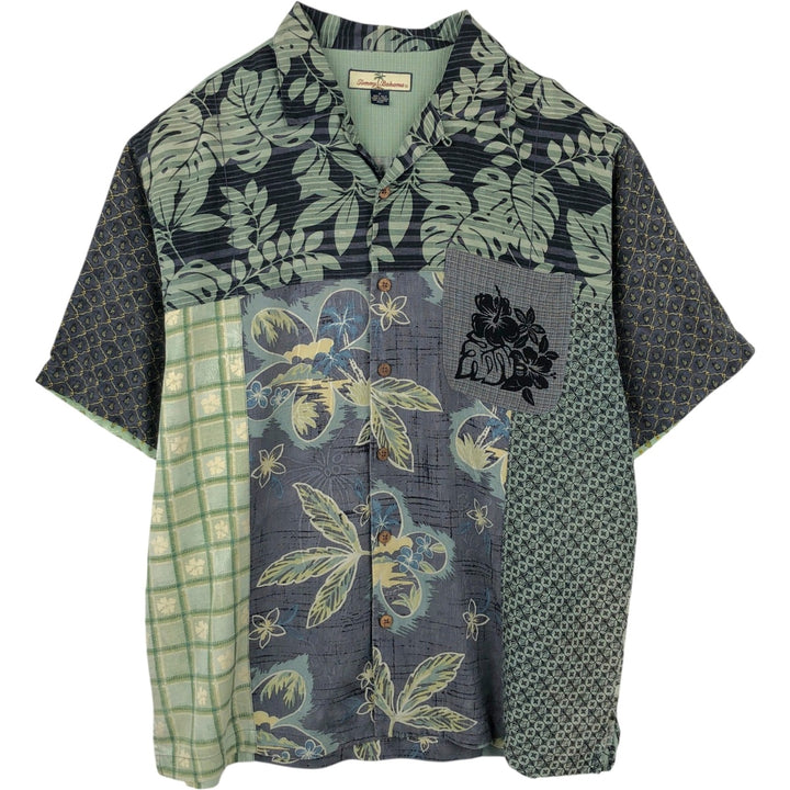 Tommy Bahama all-over print silk patchwork open-collar Hawaiian Aloha shirt, boxy style, men's size M. silk green type Vintage Second Hand
