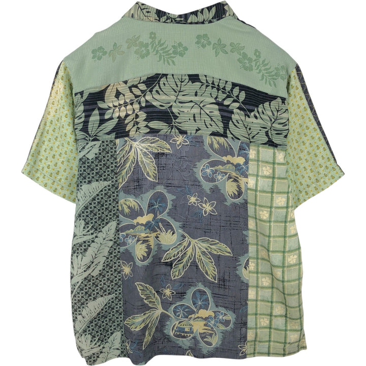 Tommy Bahama all-over print silk patchwork open-collar Hawaiian Aloha shirt, boxy style, men's size M. silk green type Vintage Second Hand