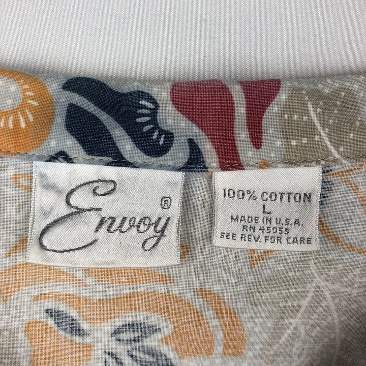 Envoy All-over print open-collar Hawaiian Aloha shirt, boxy style, made in USA, men's size L equivalent. cotton gray type Vintage Second Hand