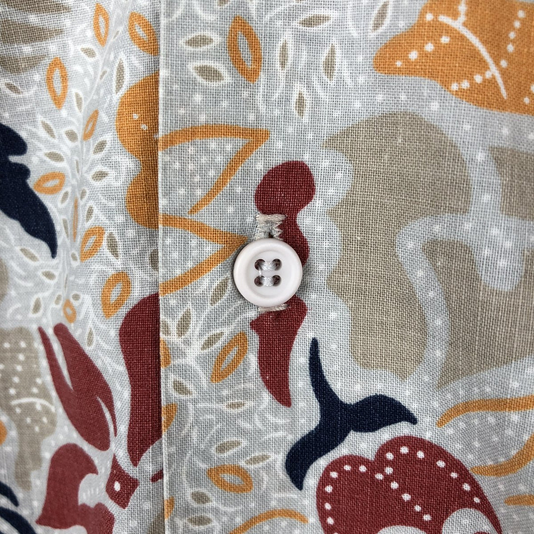 Envoy All-over print open-collar Hawaiian Aloha shirt, boxy style, made in USA, men's size L equivalent. cotton gray type Vintage Second Hand