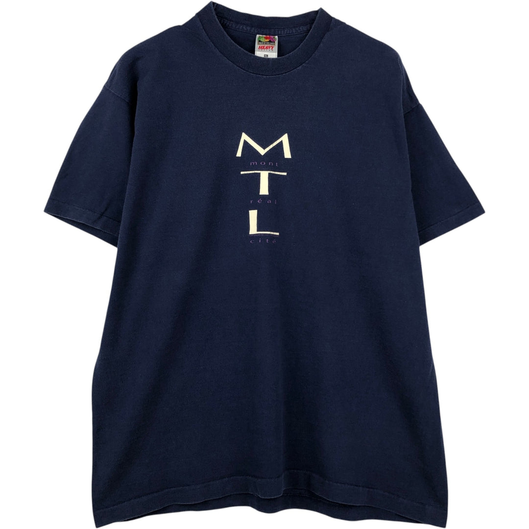 90'S Fruit of the Loom Heavy Cotton Print T-Shirt, Made in Canada, Men's XL equivalent, Vintage cotton navy blue type Vintage Second Hand
