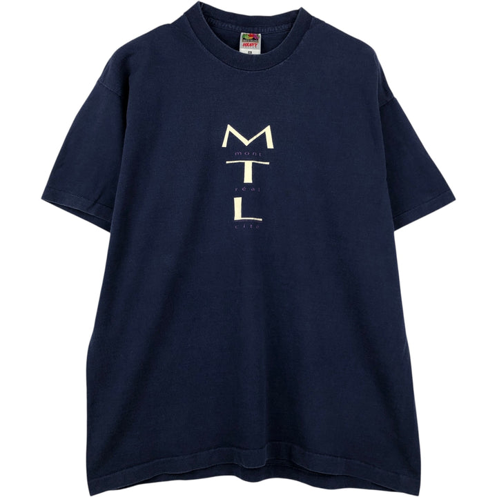 90'S Fruit of the Loom Heavy Cotton Print T-Shirt, Made in Canada, Men's XL equivalent, Vintage cotton navy blue type Vintage Second Hand