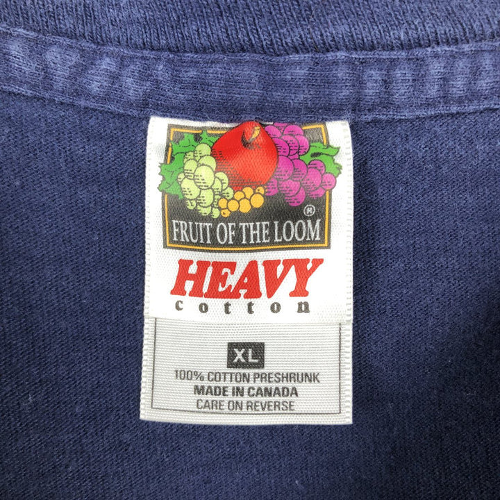 90'S Fruit of the Loom Heavy Cotton Print T-Shirt, Made in Canada, Men's XL equivalent, Vintage cotton navy blue type Vintage Second Hand