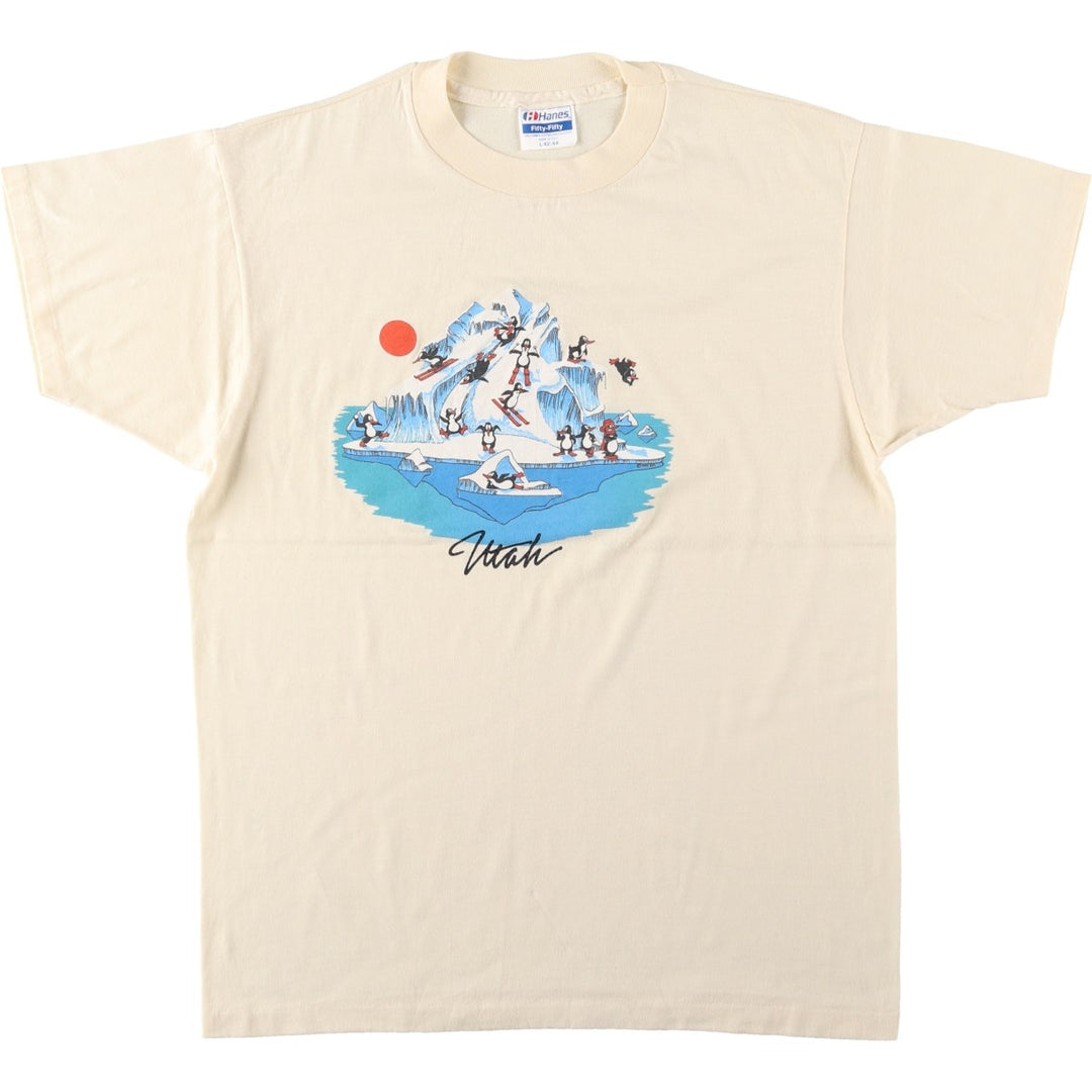 Hanes Fifty-Fifty Blue Tag Printed T-Shirt, Made in USA, Men's Size L (approx.) cotton unbleached Vintage Second Hand