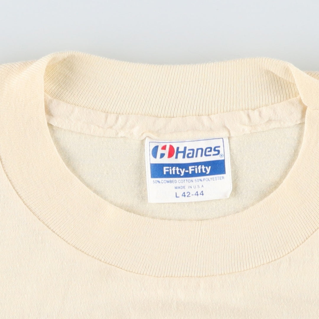 Hanes Fifty-Fifty Blue Tag Printed T-Shirt, Made in USA, Men's Size L (approx.) cotton unbleached Vintage Second Hand