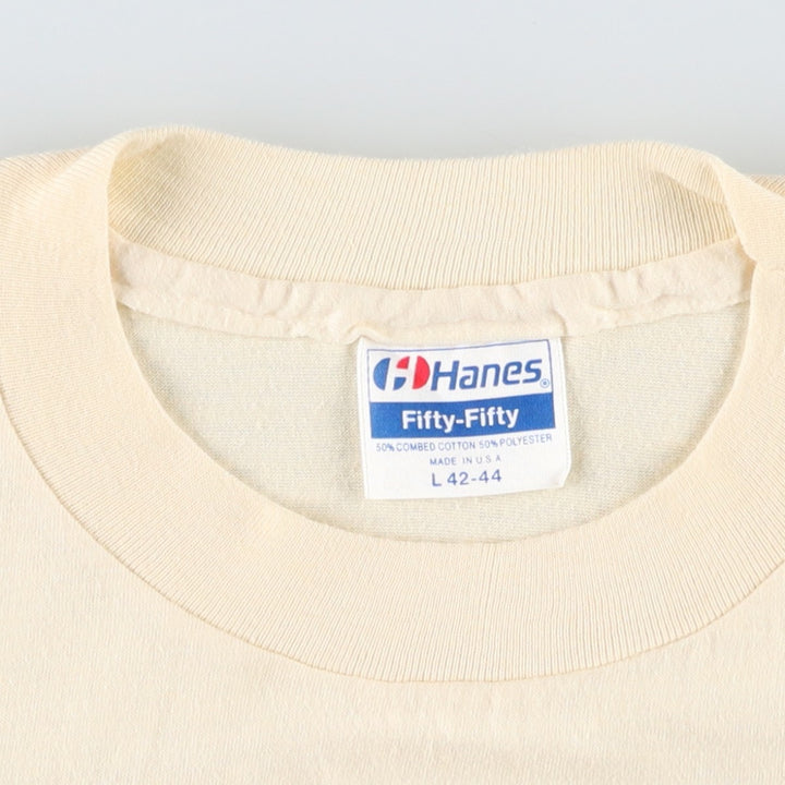 Hanes Fifty-Fifty Blue Tag Printed T-Shirt, Made in USA, Men's Size L (approx.) cotton unbleached Vintage Second Hand