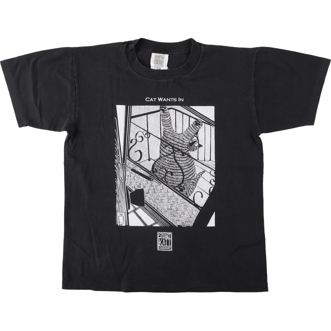 STUART KATT Printed T-Shirt, Made in Canada, Men's Size L (approx.) cotton black type Vintage Second Hand
