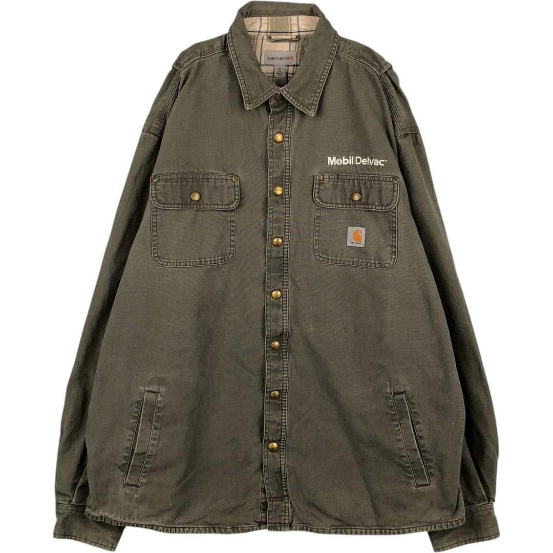 Carhartt Mobil Delvac Advertising Long-Sleeve Duck Work Shirt, Men's Size XL (approx.) cotton Khaki type Vintage Second Hand