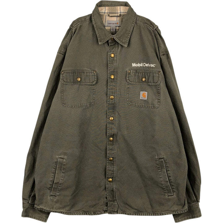 Carhartt Mobil Delvac Advertising Long-Sleeve Duck Work Shirt, Men's Size XL (approx.) cotton Khaki type Vintage Second Hand