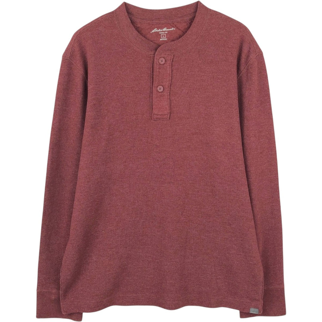 Eddie Bauer Men's Thermal Long Sleeve T-Shirt, Waffle Henley, Size L cotton red type reddish brown Vintage Second Hand