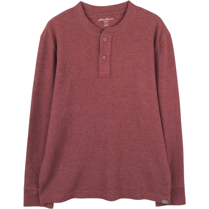 Eddie Bauer Men's Thermal Long Sleeve T-Shirt, Waffle Henley, Size L cotton red type reddish brown Vintage Second Hand