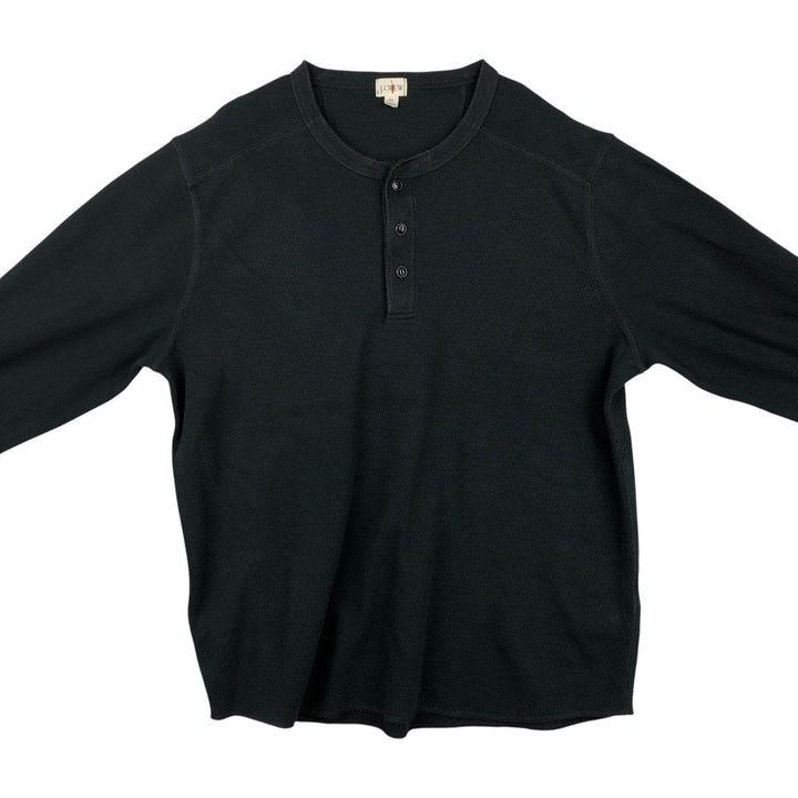 90'S J.Crew Henley Neck Thermal Long-Sleeve T-Shirt, Honeycomb Pattern, Men's Size XL (Equivalent), Vintage cotton black type Vintage Second Hand