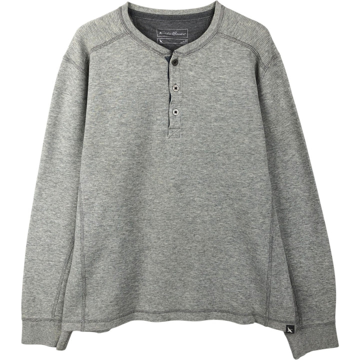 Eddie Bauer Henley Neck Thermal Long T-Shirt Waffle Men's M Size cotton gray type Vintage Second Hand
