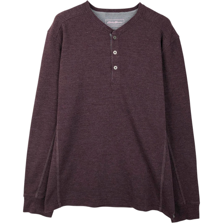 Eddie Bauer Men's Thermal Long Sleeve T-Shirt, Waffle Henley, Size L cotton red type reddish brown Vintage Second Hand
