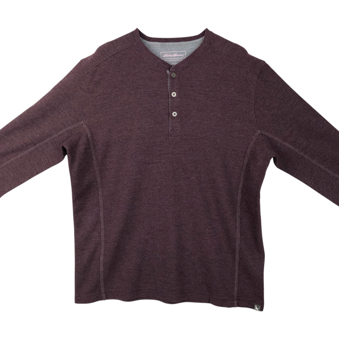 Eddie Bauer Men's Thermal Long Sleeve T-Shirt, Waffle Henley, Size L cotton red type reddish brown Vintage Second Hand
