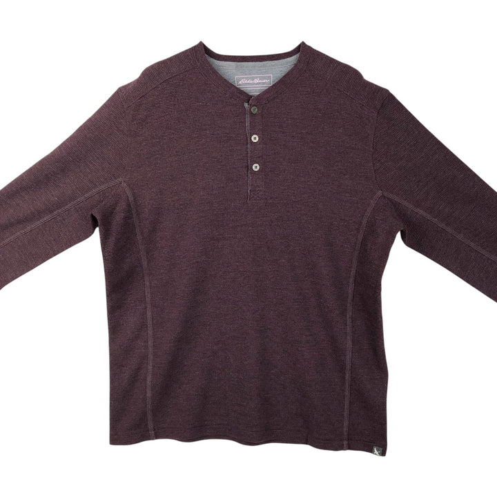 Eddie Bauer Men's Thermal Long Sleeve T-Shirt, Waffle Henley, Size L cotton red type reddish brown Vintage Second Hand