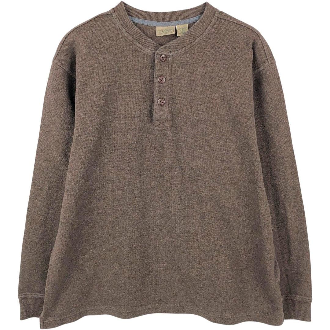 90s-00'S LLBean Henley Neck Thermal Long-Sleeve T-Shirt, Men's Size L (Equivalent), Vintage cotton brown type Vintage Second Hand