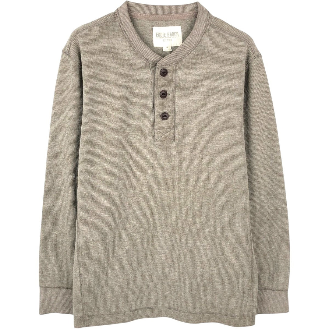 Eddie Bauer Henley Neck Thermal Long T-Shirt Waffle Men's M Size cotton beige type brown Vintage Second Hand