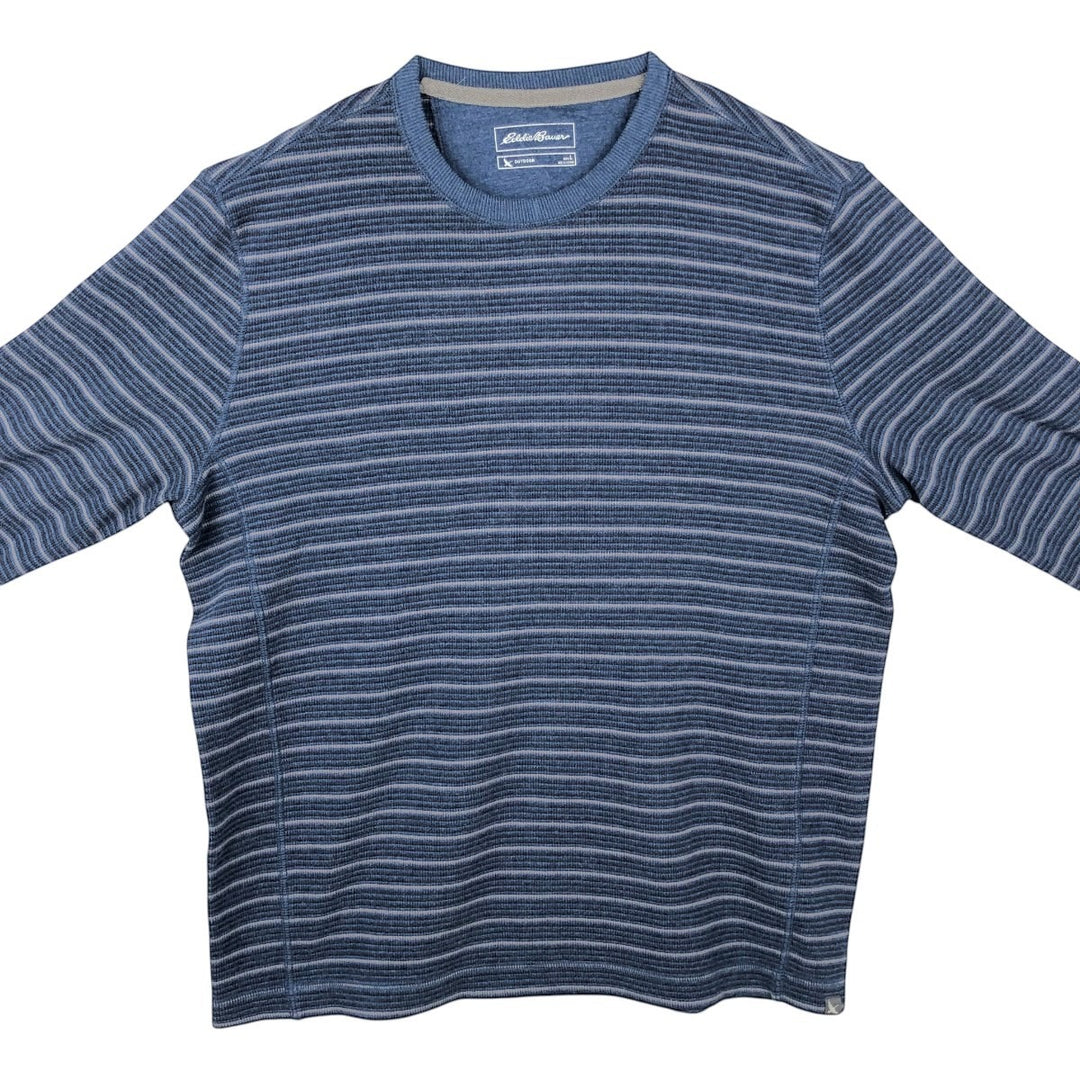 Eddie Bauer Border Pattern Thermal Long-Sleeve T-Shirt (Waffle Knit) - Men's Size L (approx.) cotton blue type Vintage Second Hand