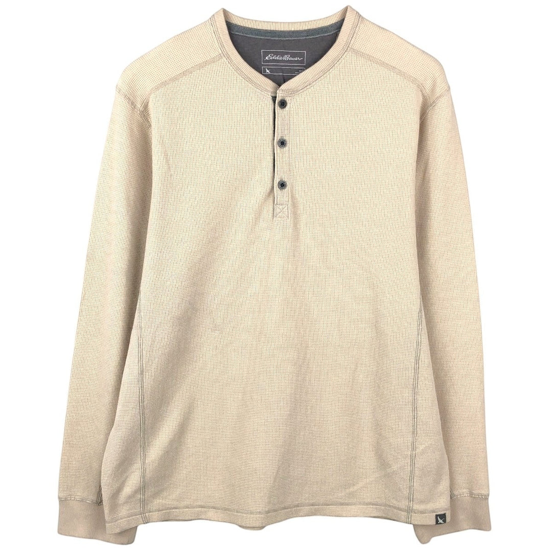 Eddie Bauer Men's Thermal Long Sleeve T-Shirt, Waffle Henley, Size L cotton Beige type Vintage Second Hand