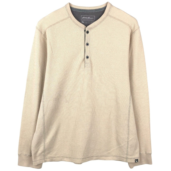 Eddie Bauer Men's Thermal Long Sleeve T-Shirt, Waffle Henley, Size L cotton Beige type Vintage Second Hand