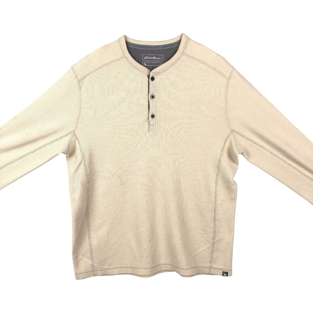 Eddie Bauer Men's Thermal Long Sleeve T-Shirt, Waffle Henley, Size L cotton Beige type Vintage Second Hand