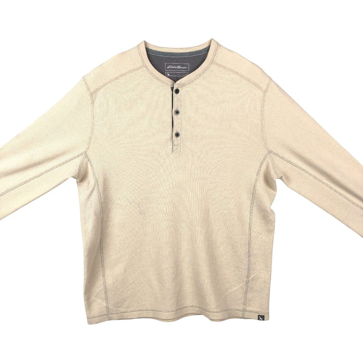 Eddie Bauer Men's Thermal Long Sleeve T-Shirt, Waffle Henley, Size L cotton Beige type Vintage Second Hand