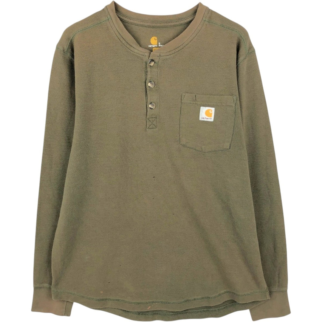 Carhartt Relaxed Fit Henley Neck Thermal Long-Sleeve T-Shirt, Men's Size L (approx.) cotton Khaki type Vintage Second Hand