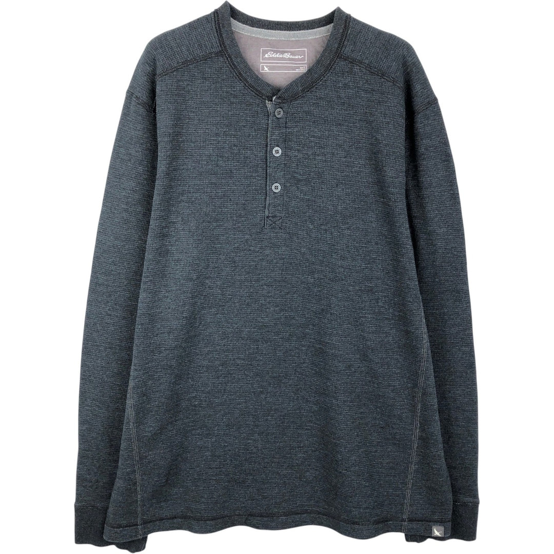 Eddie Bauer Men's Thermal Long Sleeve T-Shirt, Waffle Henley, Size L cotton black type Vintage Second Hand