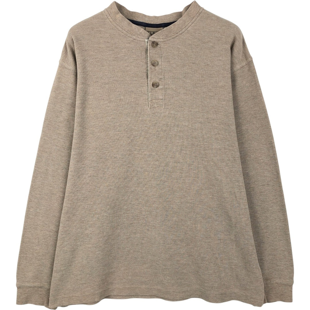 90'S LLBean Henley Neck Thermal Long-Sleeve T-Shirt, Waffle Knit, Men's Size M (Equivalent), Vintage cotton Beige type Vintage Second Hand