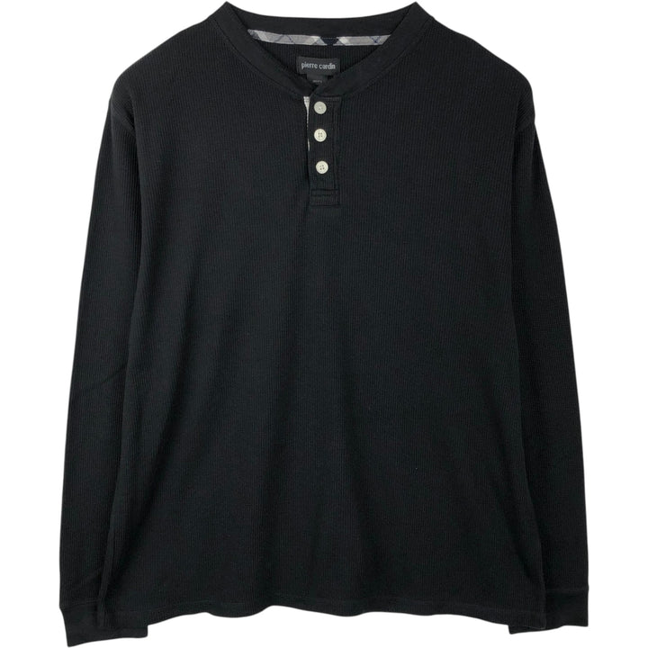 Pierre Cardin Henley neck thermal long T-shirt, men's size L cotton black type Vintage Second Hand