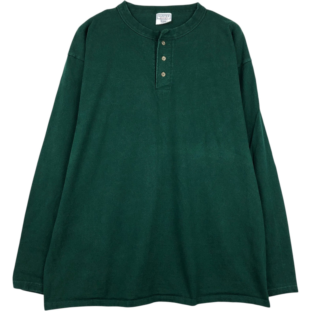 SANTEE HVYWT Henley Neck Long-Sleeve T-Shirt, Made in USA, Men's Size L (approx.) cotton Green type dark green Vintage Second Hand