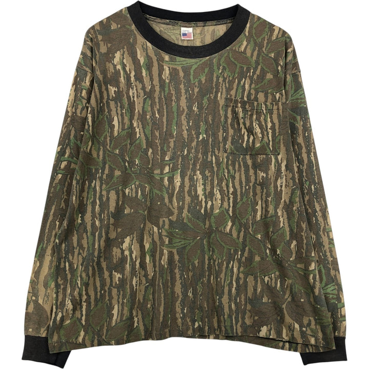 80s-90'S Camouflage Pattern Real Tree Camo Long-Sleeve T-Shirt, Made in USA, Men's XL Equivalent, Vintage polyester Khaki type Vintage Second Hand