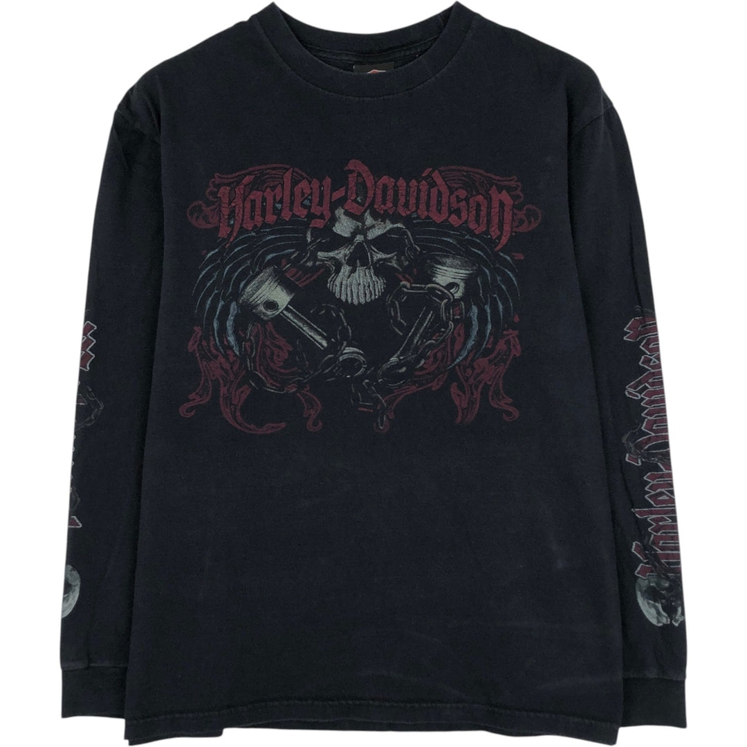 2000'S Harley-Davidson Skull Pattern Motorcycle Long-Sleeve T-Shirt (Men's Size L) cotton black type Vintage Second Hand