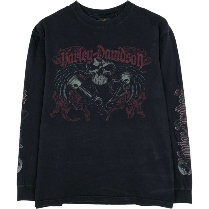 2000'S Harley-Davidson Skull Pattern Motorcycle Long-Sleeve T-Shirt (Men's Size L) cotton black type Vintage Second Hand